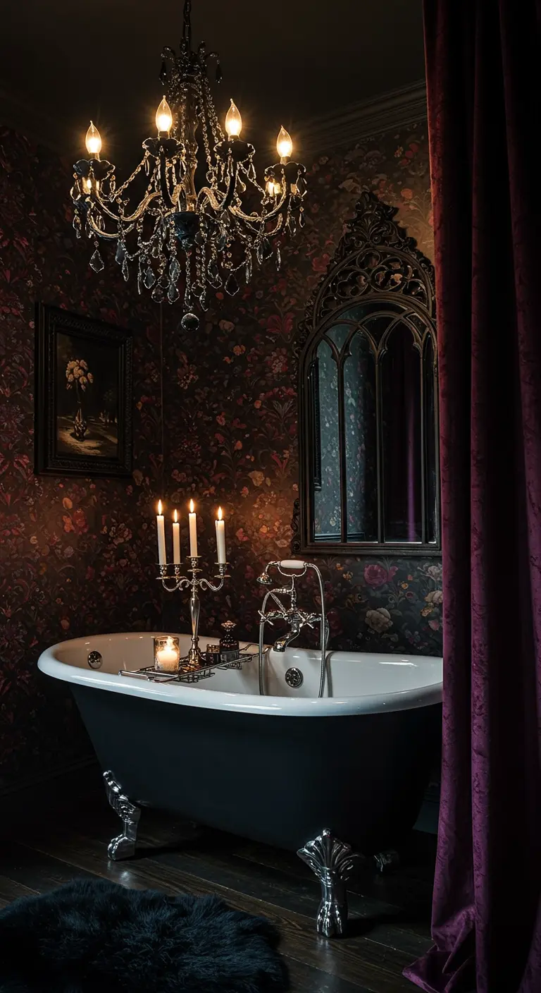 Baño gótico con papel pintado oscuro y un candelabro de cristal negro