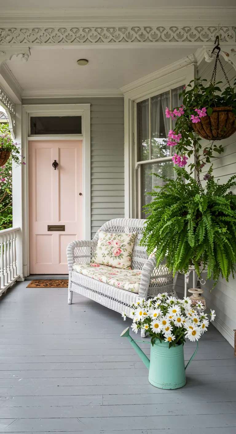 Porche vintage con puerta rosa pastel, banco de mimbre blanco y flores en regadera turquesa.
