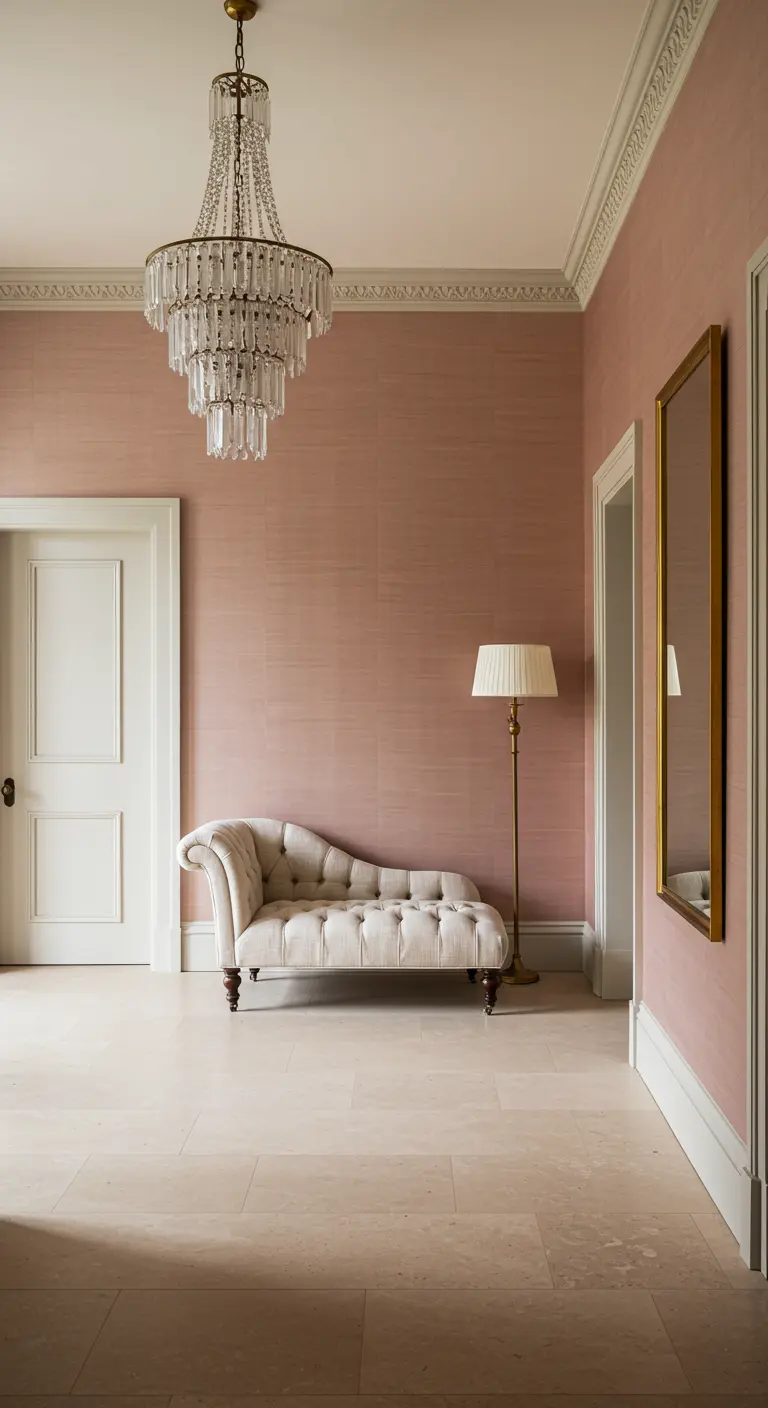 Entrada minimalista con papel tapiz texturizado en rosa pálido y un diván capitoné.
