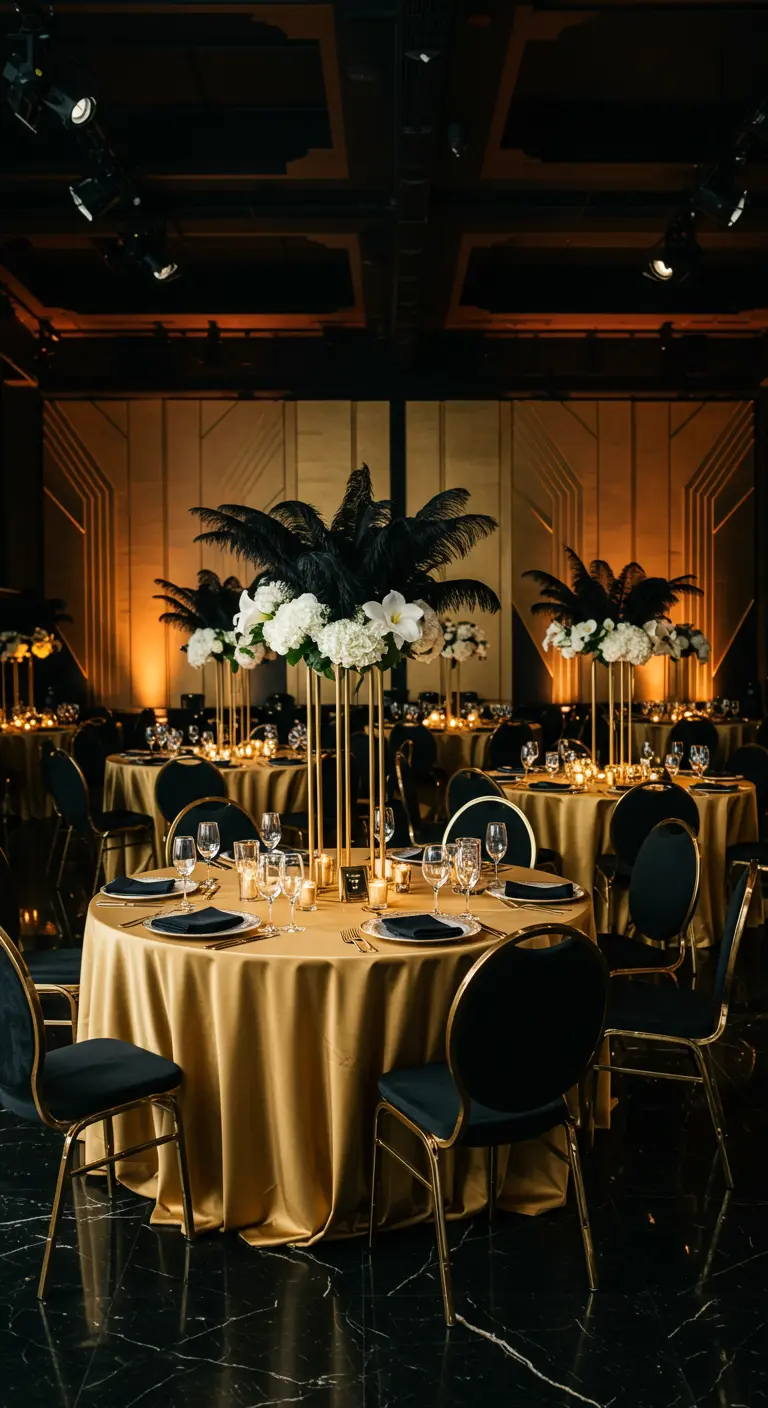 Mesa de boda Art Déco con mantel dorado, sillas negras y centro de mesa con plumas negras.