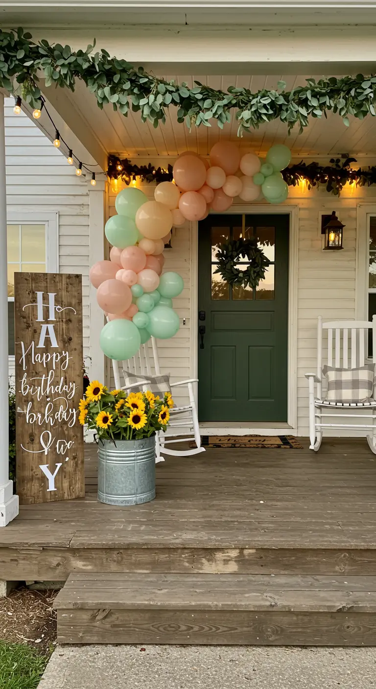 Porche de cumpleaños con arco de globos pastel, girasoles en cubo de zinc y cartel de madera.