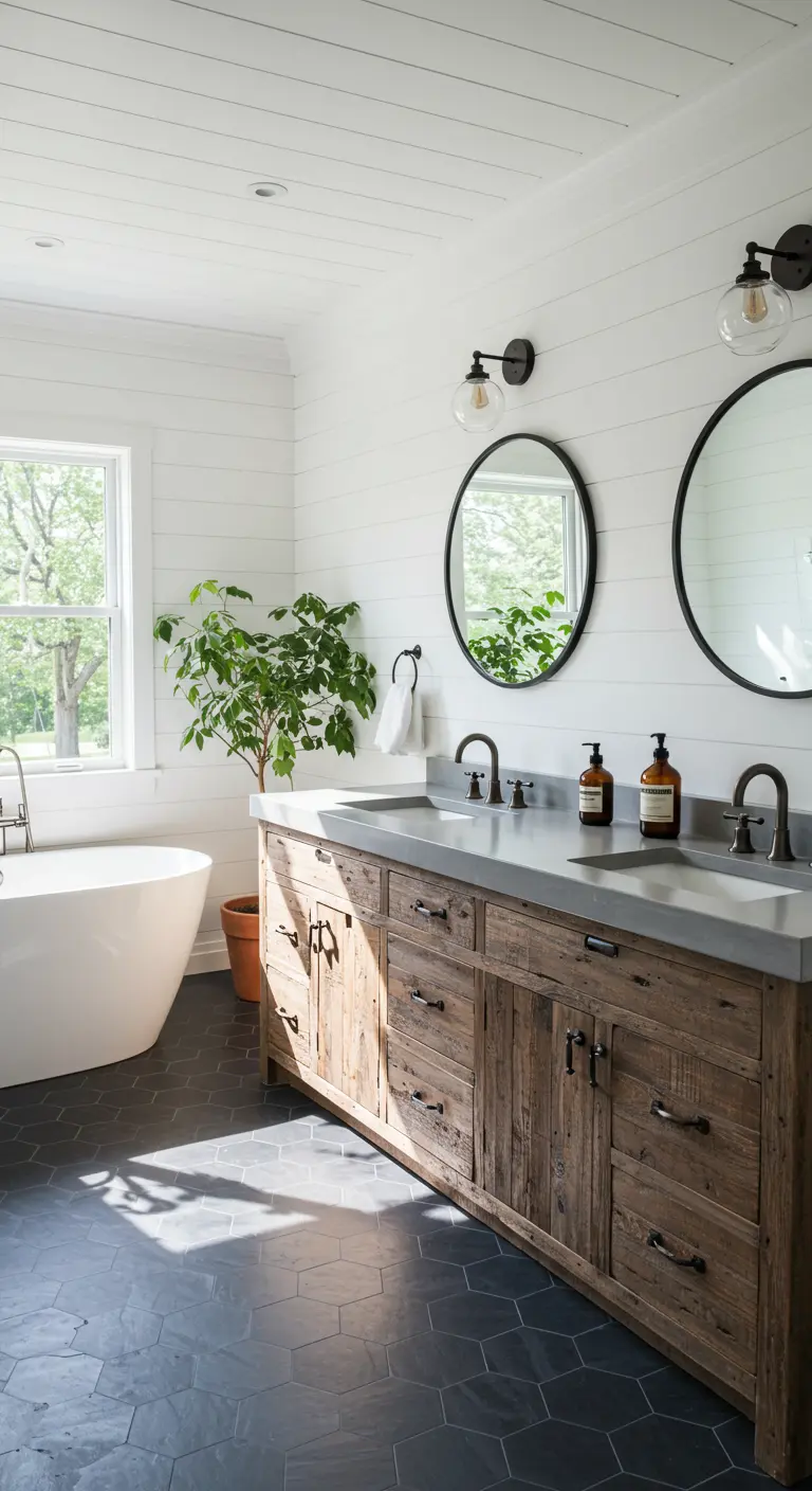 Baño moderno con tocador de madera reciclada, dos espejos redondos y suelo hexagonal oscuro.
