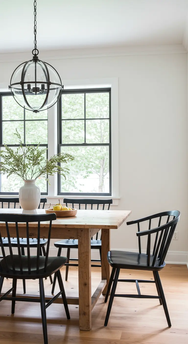 Comedor de estilo escandinavo con mesa de madera natural, sillas negras y lámpara de globo