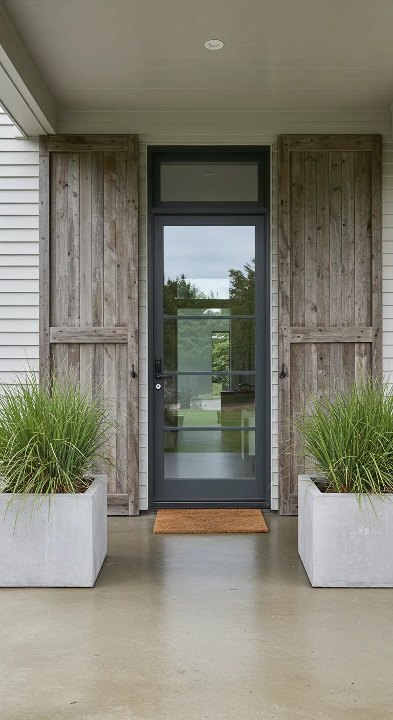 Puerta moderna flanqueada por contraventanas de madera reciclada y maceteros de cemento.