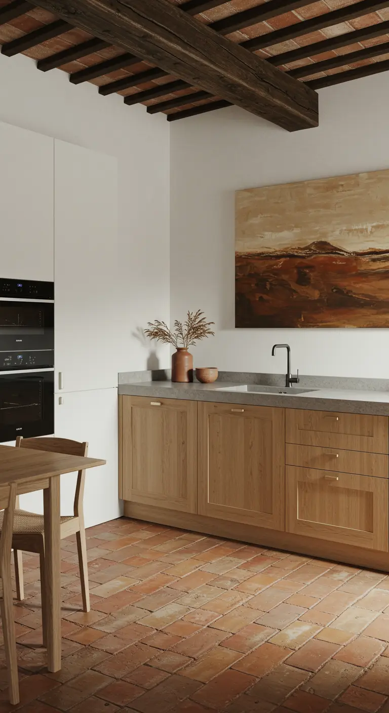 Cocina minimalista rústica con muebles de madera clara y suelo de terracota.