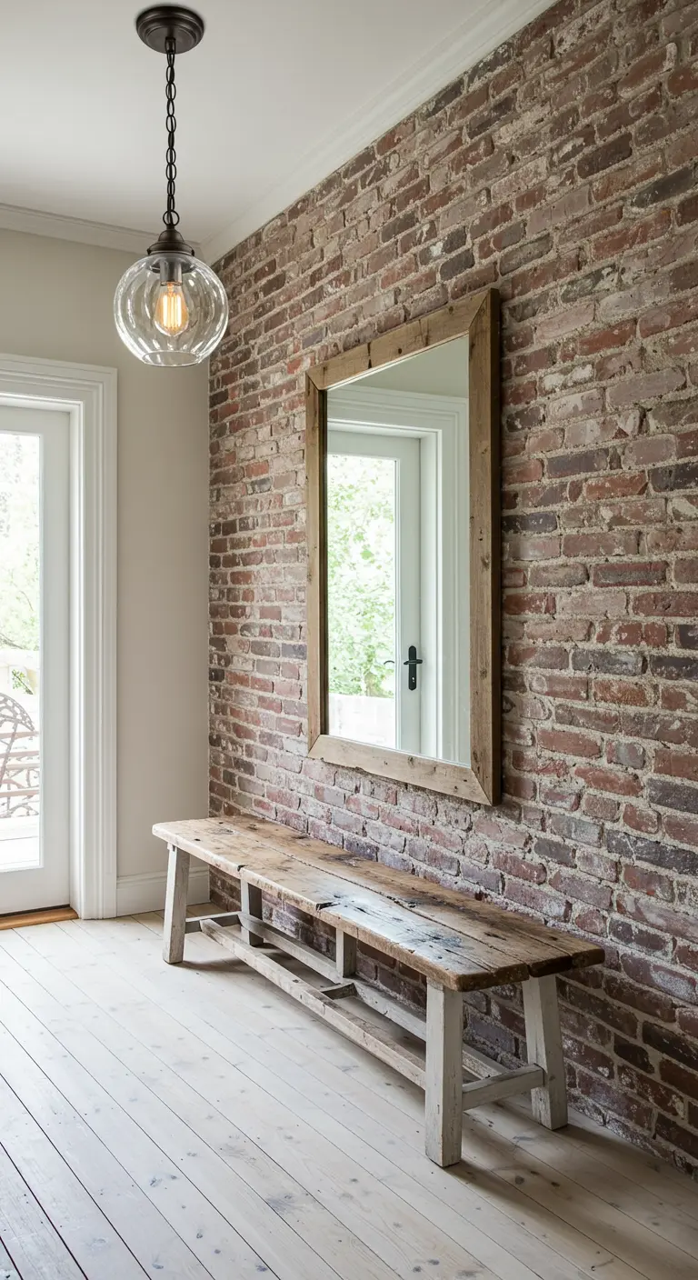 Pared de ladrillo en un recibidor con banco de madera rústica y lámpara colgante de cristal