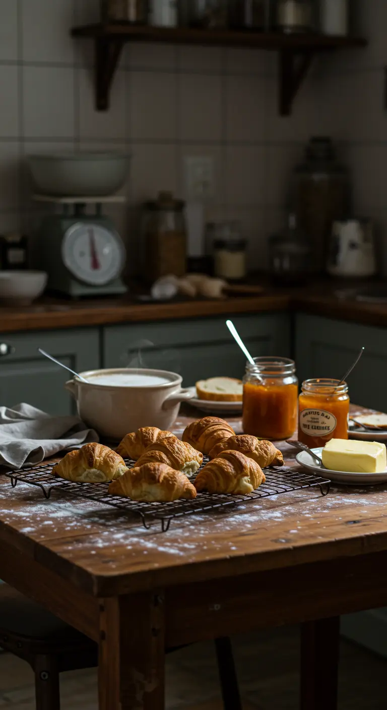 Mesa de cocina rústica con croissants recién horneados, mantequilla y mermelada casera.