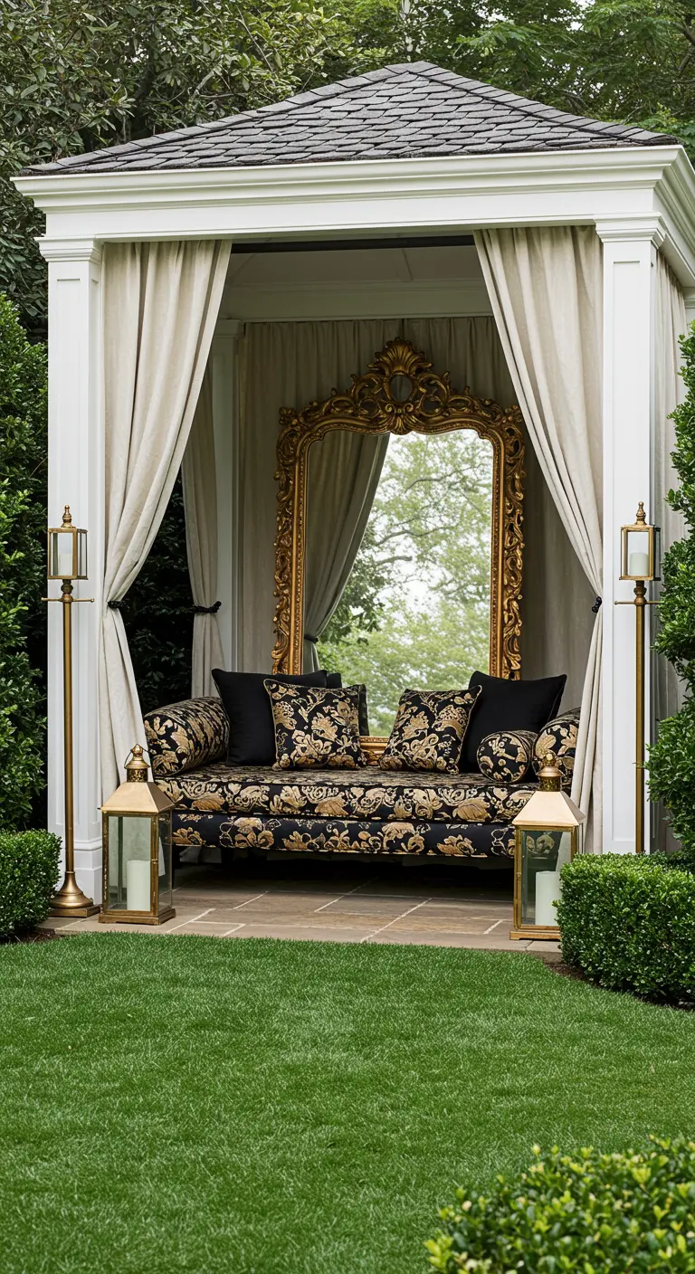 Gazebo de jardín con un gran espejo barroco dorado, un sofá estampado y cortinas de lino.