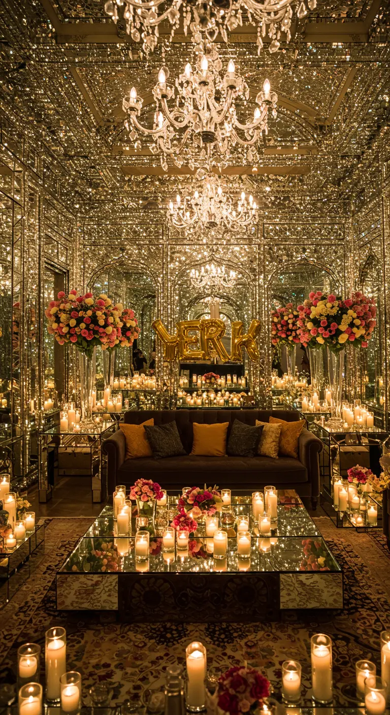 Habitación con paredes de espejo, candelabros de cristal y cientos de velas creando un efecto de luz infinito.