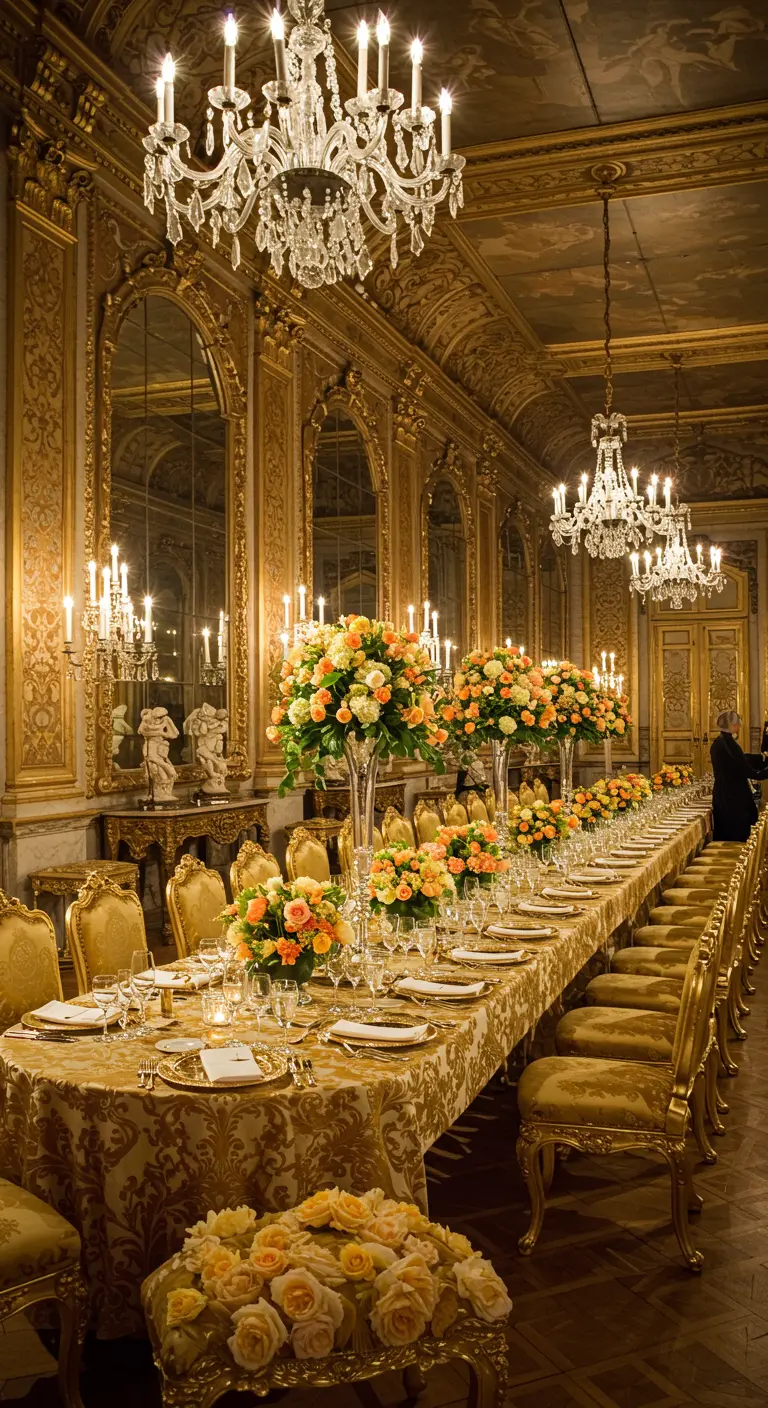 Lujoso salón de banquetes con una larga mesa, sillas doradas y paredes cubiertas de espejos.
