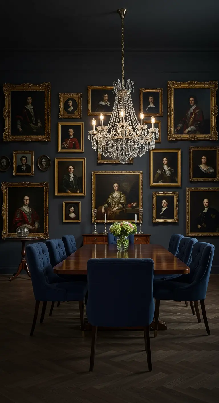 Comedor oscuro y dramático con una galería de retratos clásicos en marcos dorados ornamentados
