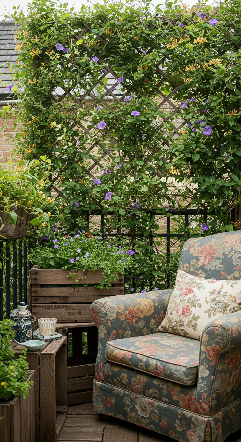 Balcón acogedor con un sillón de flores, una celosía con enredaderas y cajas de madera.