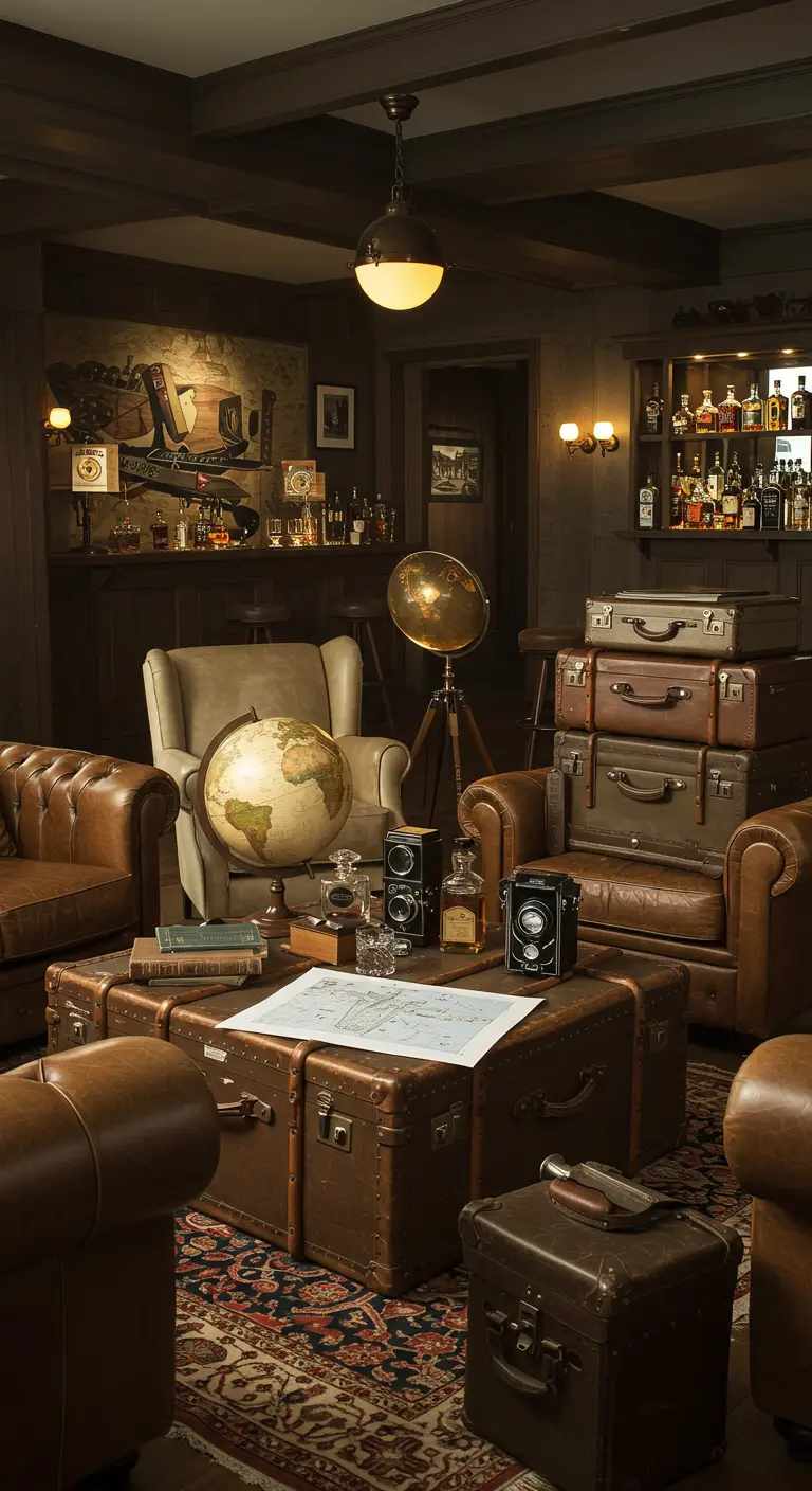 Acogedora sala de estar con sillones de cuero, donde un baúl antiguo sirve como mesa de centro.