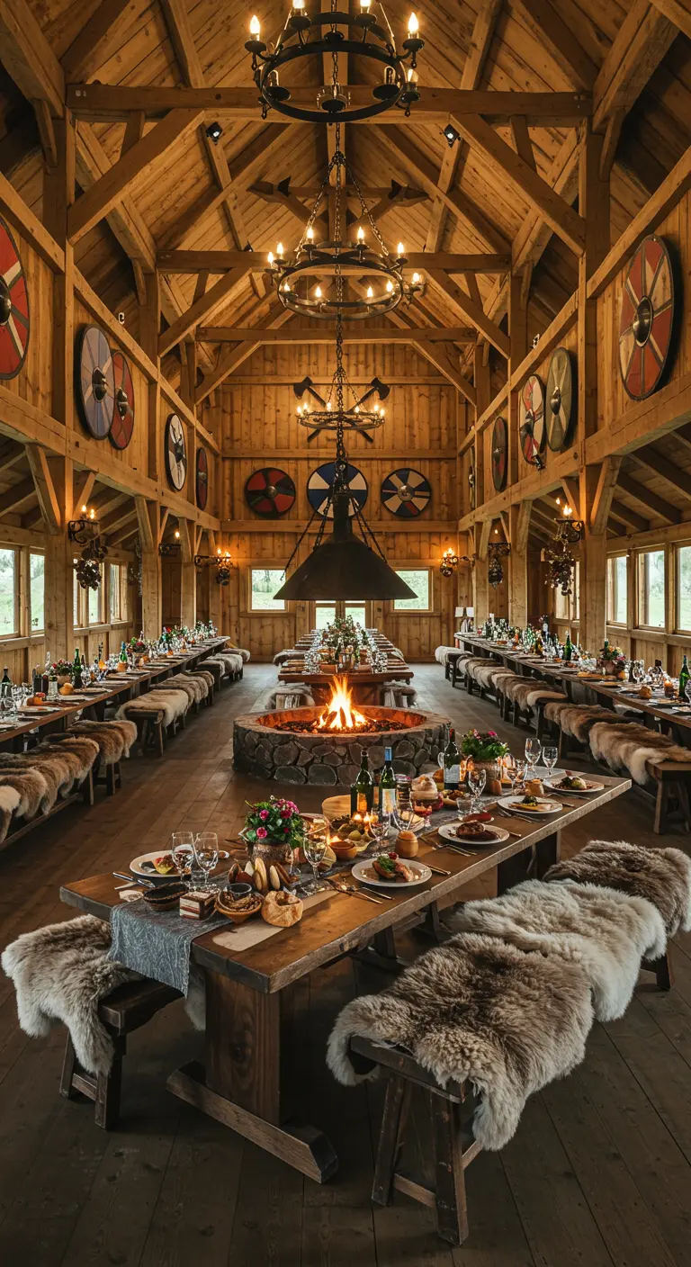 Salón de banquetes vikingo de madera con una hoguera central y escudos en las paredes.