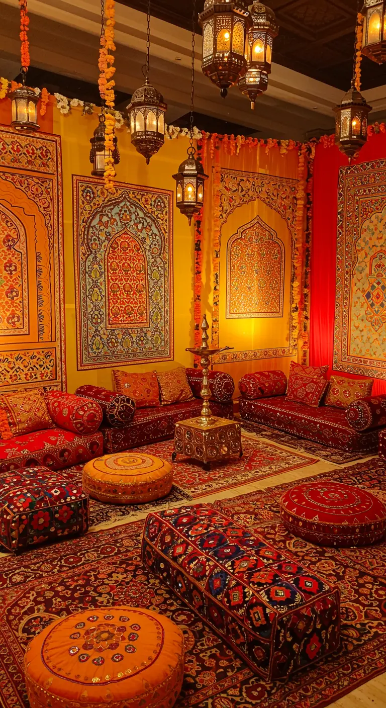 Zona de descanso estilo indio con tapices en la pared, sofás bajos y cojines coloridos.