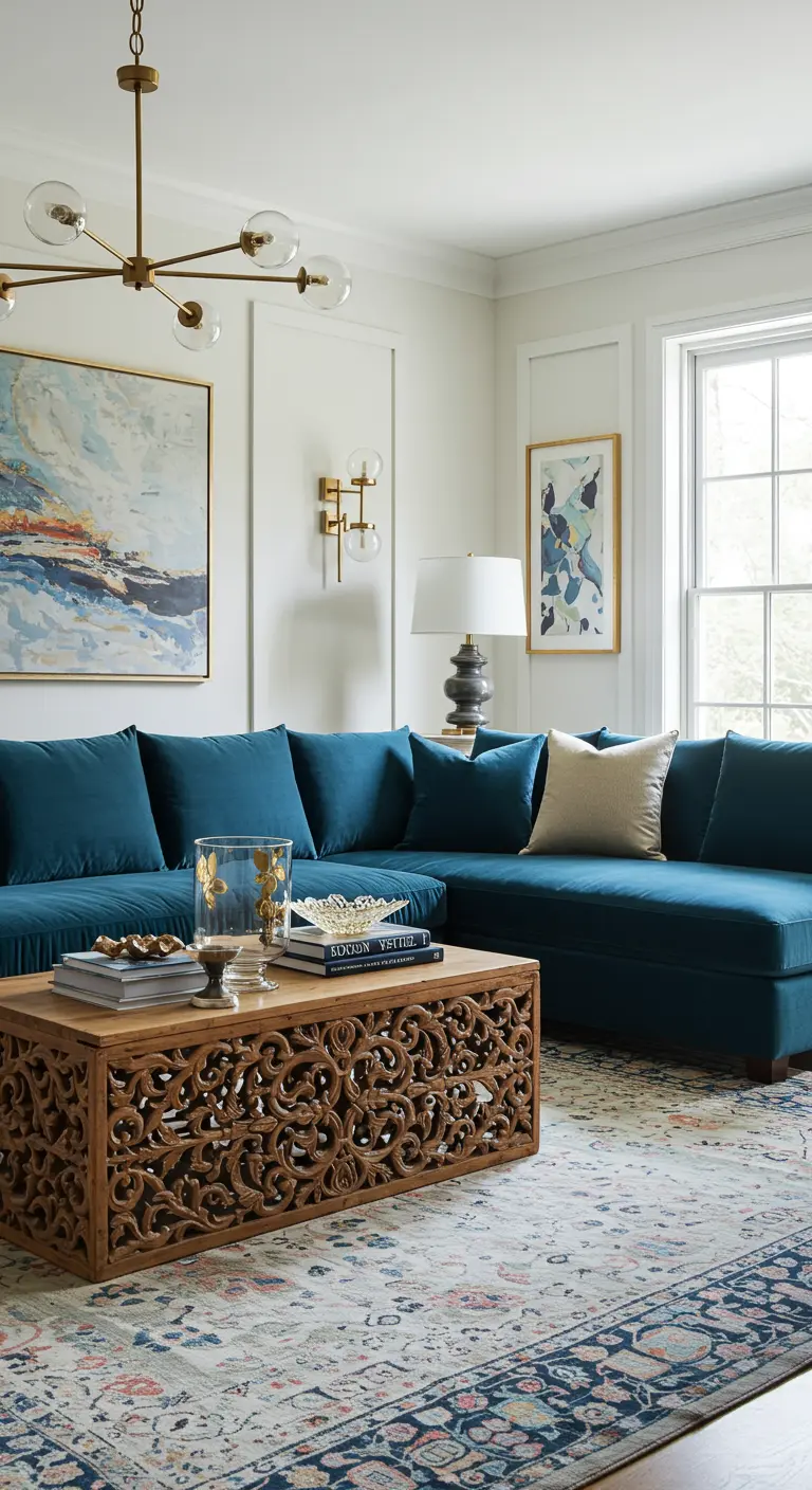 Salón de estilo bohemio con sofá de terciopelo cerceta y una mesa de centro de madera tallada.