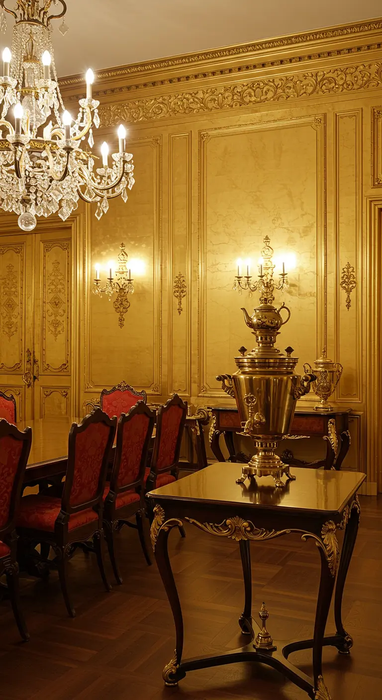 Comedor de lujo con paredes doradas, candelabros de cristal y sillas de terciopelo rojo.