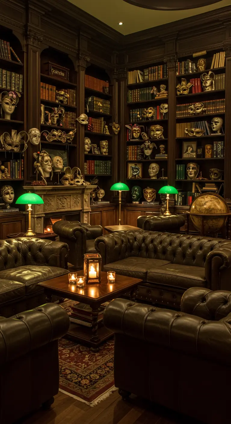 Biblioteca con sofás de cuero y estanterías llenas de libros y una colección de máscaras venecianas.