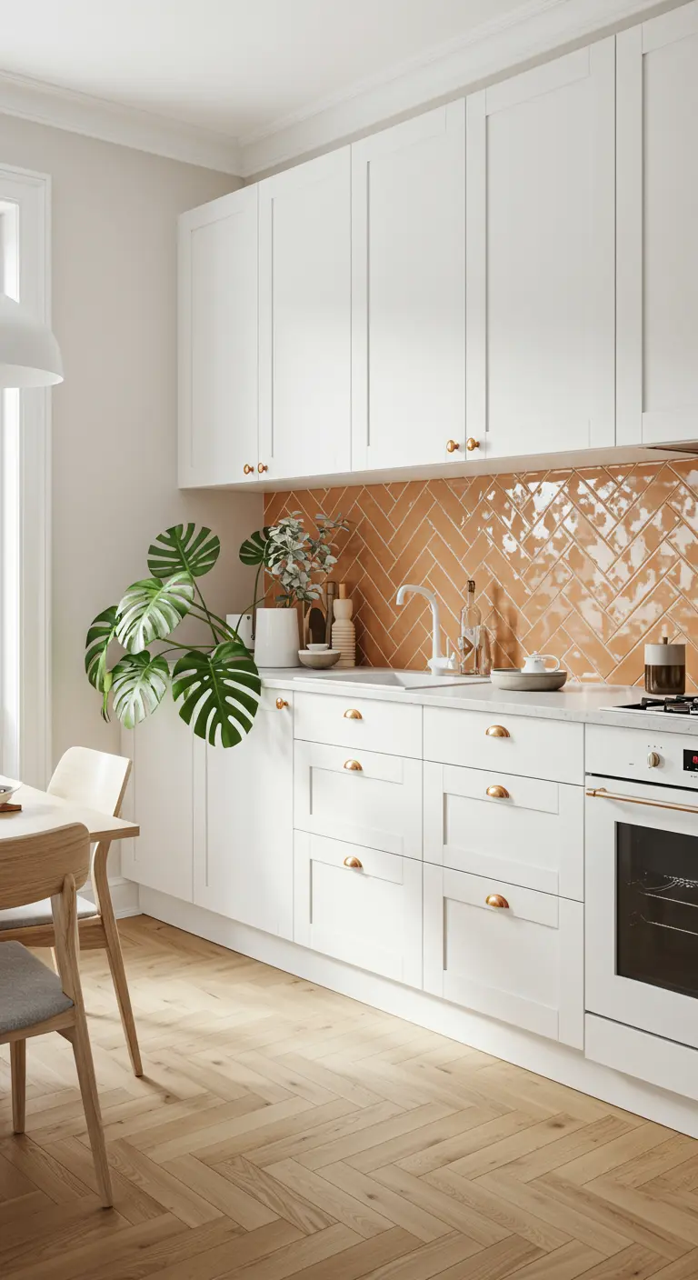 Cocina blanca con un salpicadero de azulejos terracota brillantes en patrón de espiga.