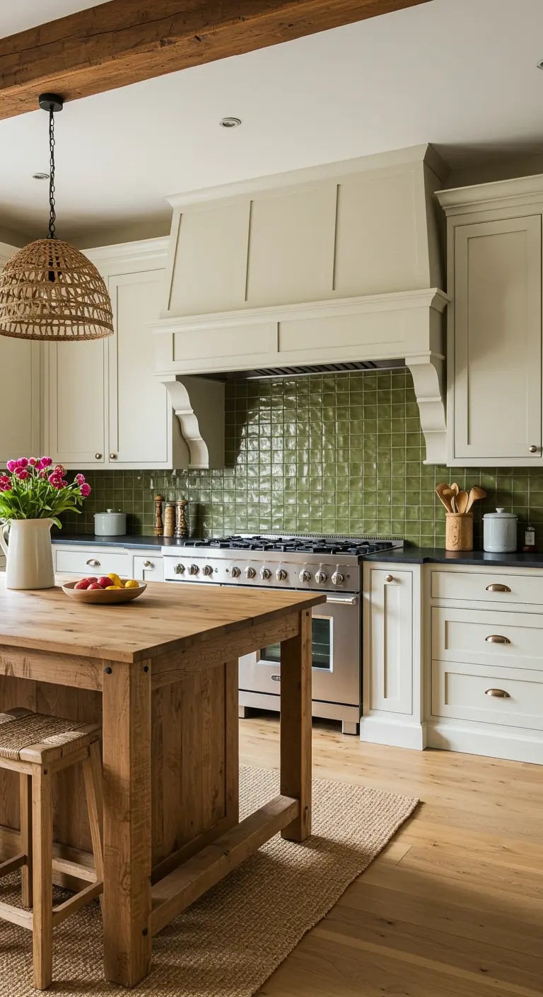 Cocina con gabinetes color crema y un salpicadero de azulejos verdes brillantes.