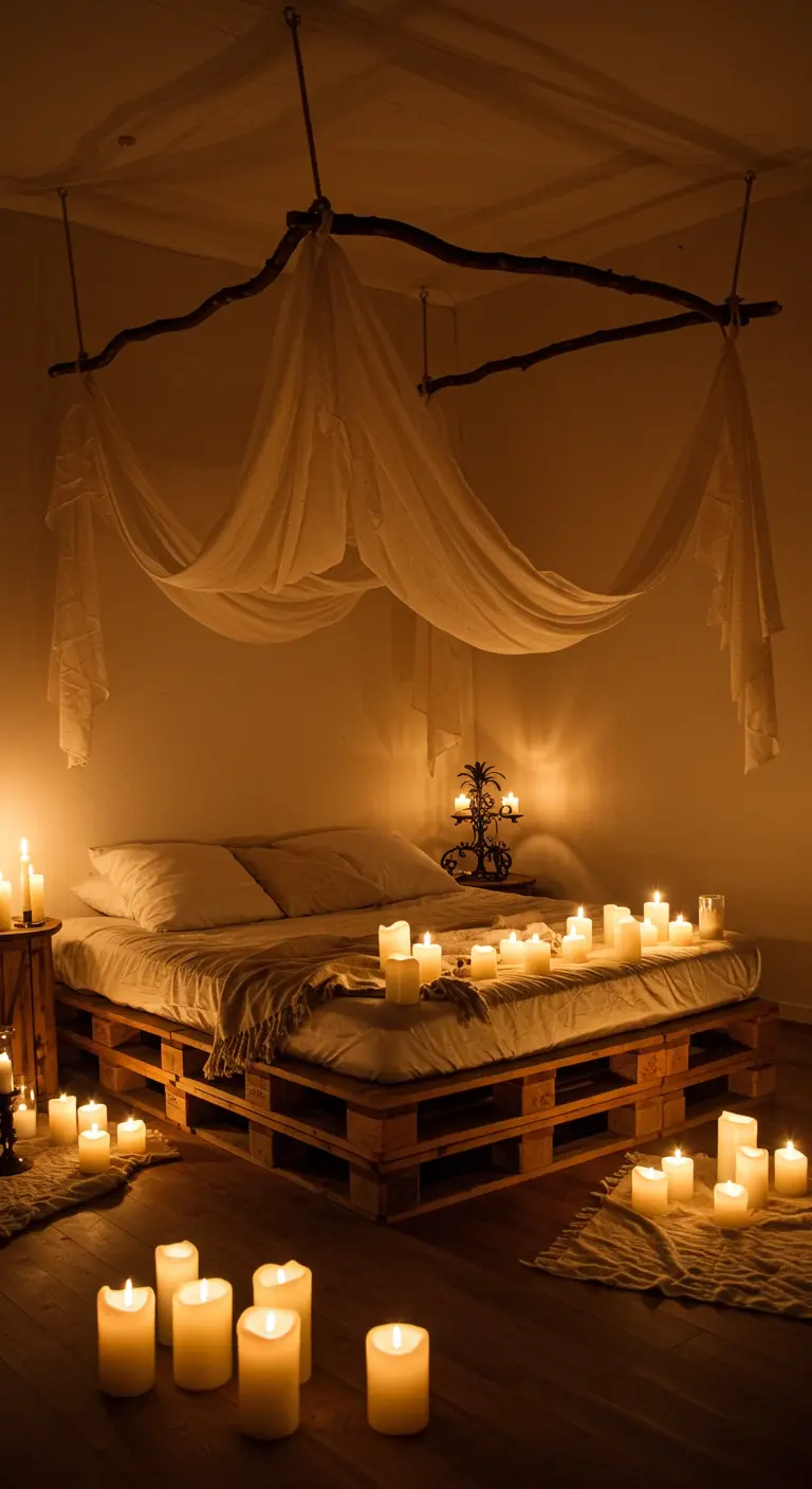 Dormitorio con cama de palets rodeada de decenas de velas encendidas, creando un ambiente íntimo.
