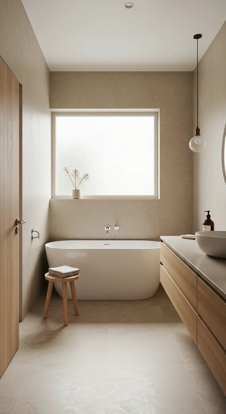 Baño minimalista en tonos beige con bañera exenta y taburete de madera