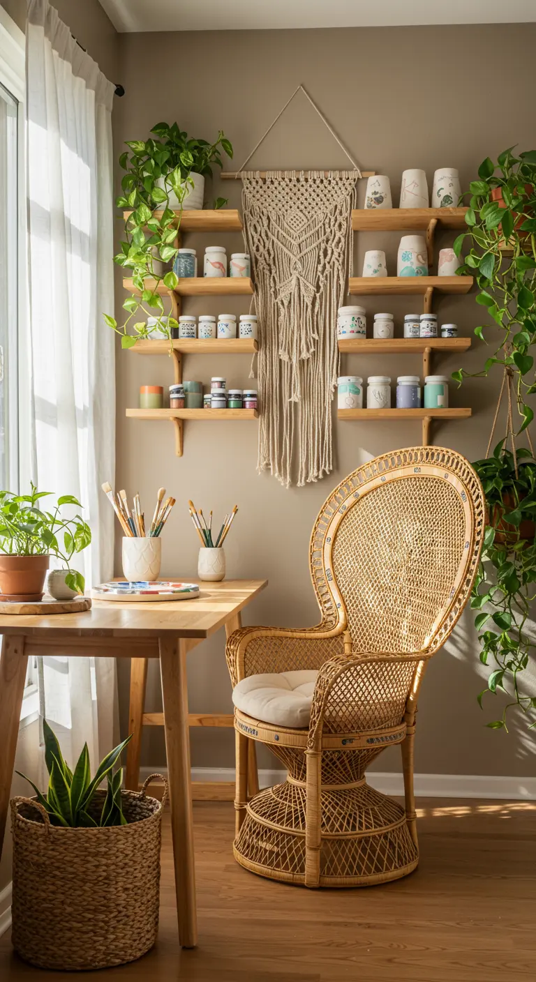 Rincón bohemio para pintar cerámica con silla de mimbre, plantas y estantes de madera.