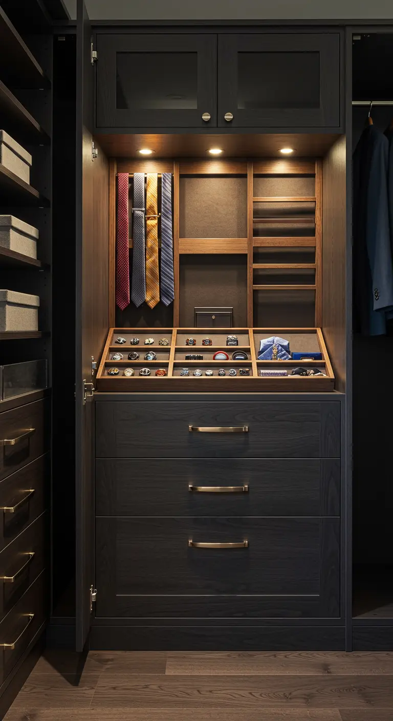Interior de un armario oscuro con cajones extraíbles para corbatas, relojes y accesorios.
