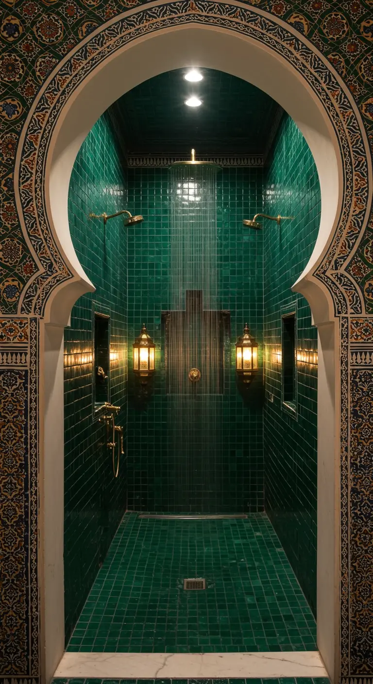 Ducha de obra enmarcada por un arco de mosaicos, con paredes de azulejos verde esmeralda