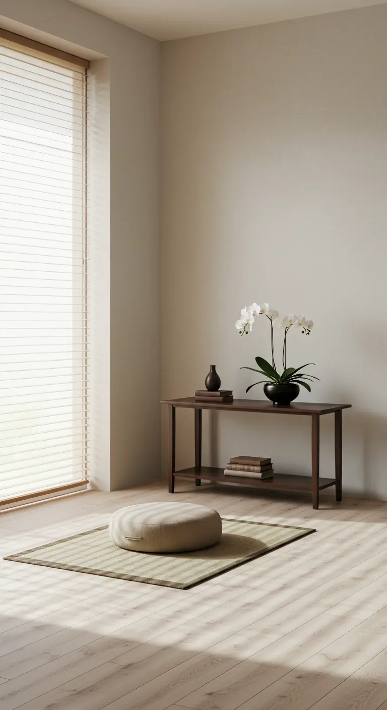 Rincón de meditación minimalista con cojín zafu, esterilla y orquídea blanca junto a una ventana.