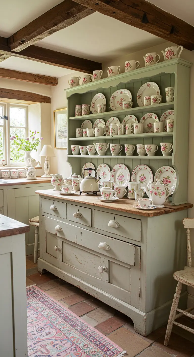 Aparador vintage verde salvia repleto de una extensa colección de vajilla con motivos florales.