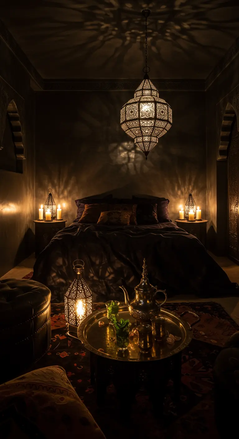 Habitación marroquí oscura iluminada por una lámpara colgante y velas, creando patrones de luz en las paredes.