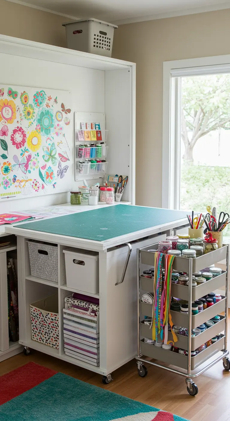 Mesa de trabajo para manualidades con ruedas, llena de materiales de colores y organizadores.