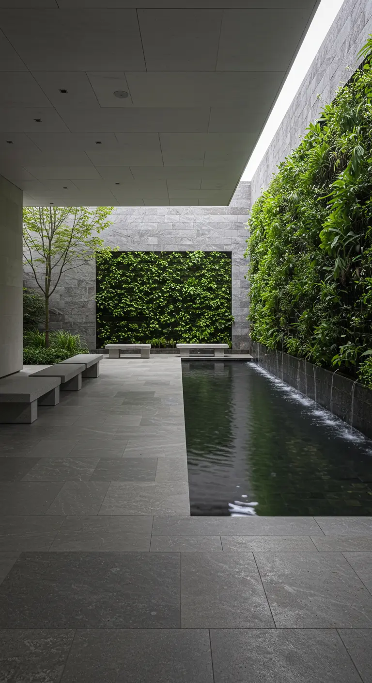 Patio sereno con paredes de piedra, una fuente de agua y dos muros verdes frondosos.