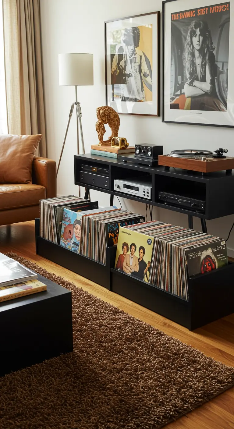 Estanterías bajas de color negro diseñadas para exhibir una colección de discos de vinilo.