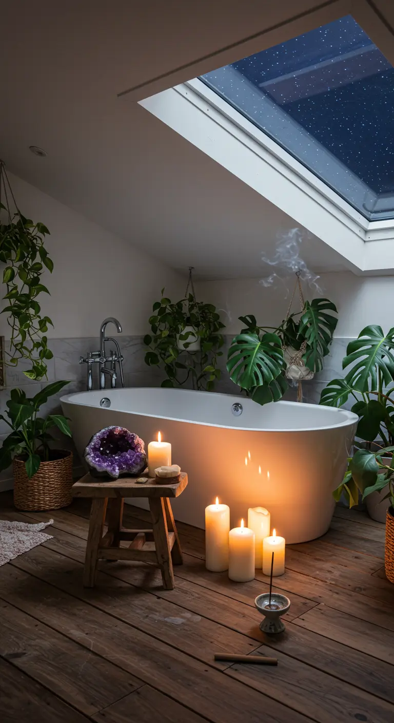 Baño tipo loft con bañera, velas, plantas y una geoda de amatista bajo un tragaluz.