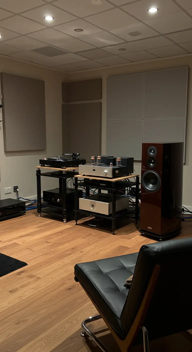 Equipo de audio de alta fidelidad en un rack especializado, con paneles acústicos en la pared y un sillón.