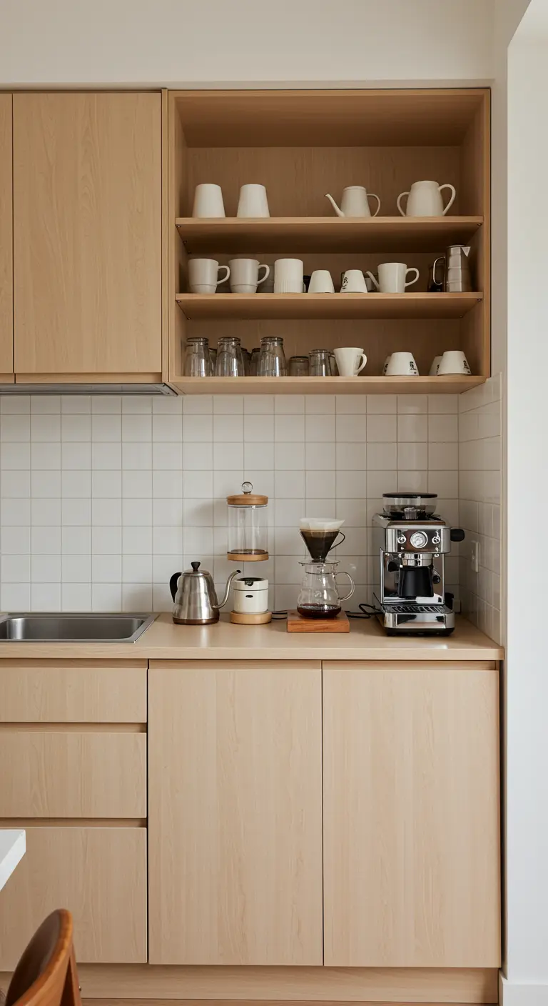 Rincón de café con estantes abiertos mostrando tazas blancas y muebles de madera clara