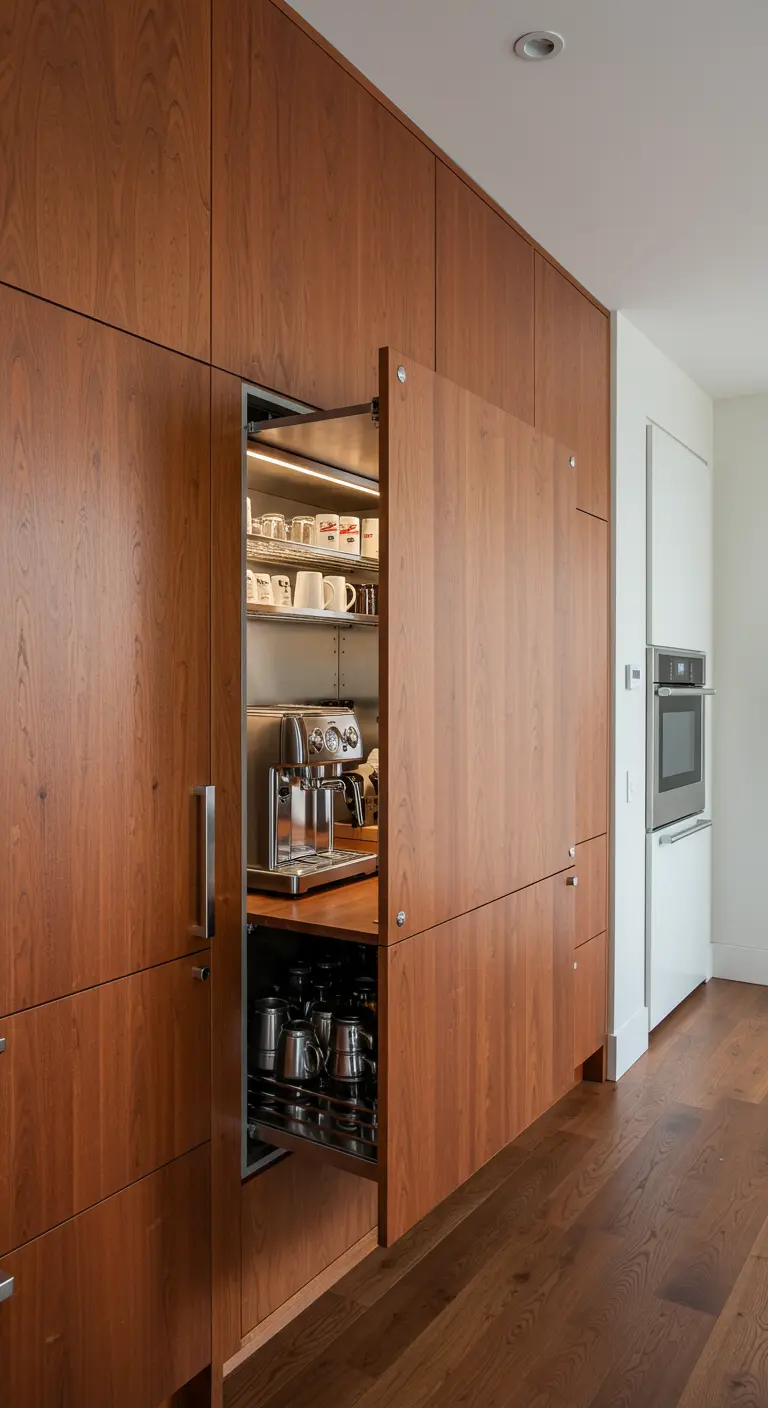 Armario de madera con puertas de bolsillo abiertas que revelan una estación de café iluminada