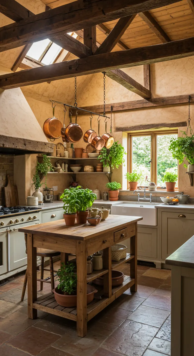 Cocina de estilo granja con ollas de cobre colgantes, vigas de madera y muchas hierbas frescas.