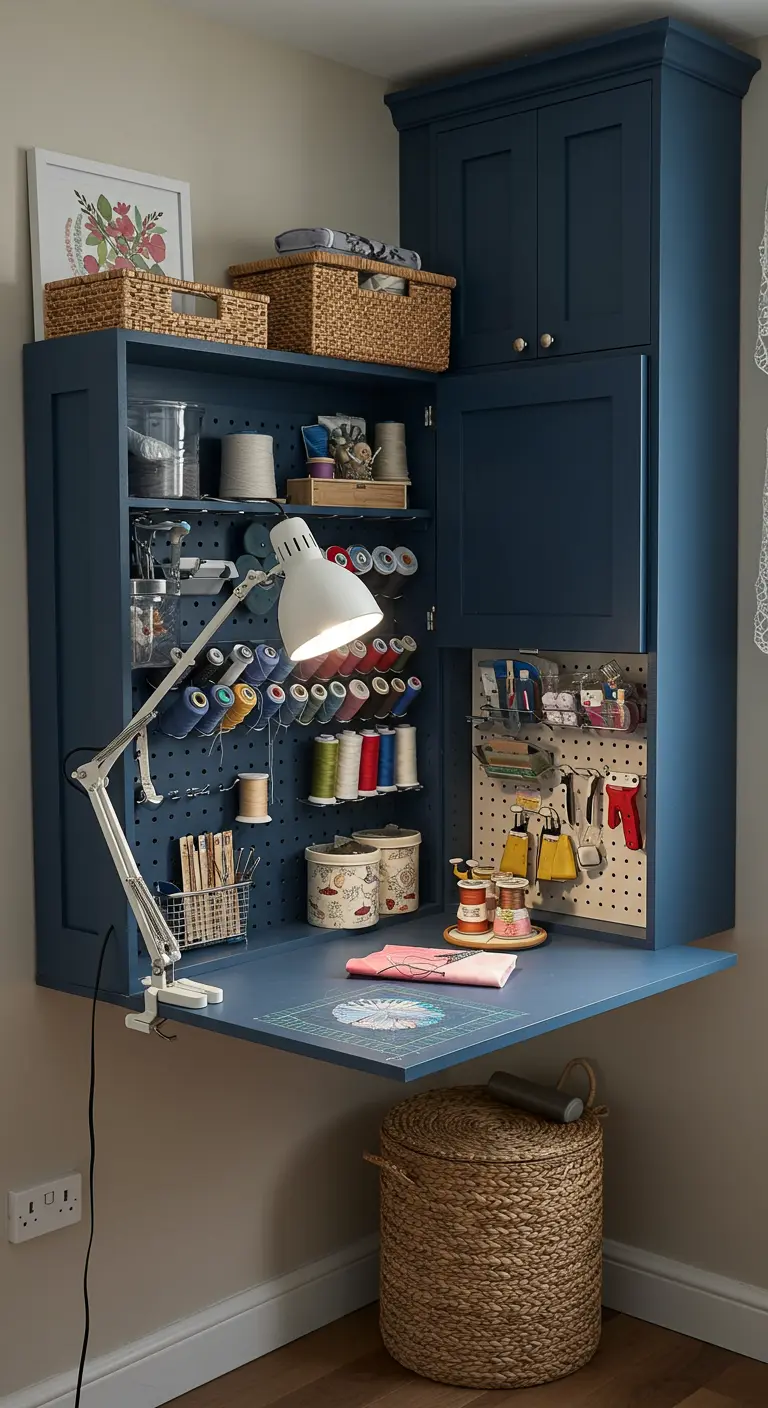 Armario de costura azul oscuro con escritorio abatible y organizadores de pared para hilos.