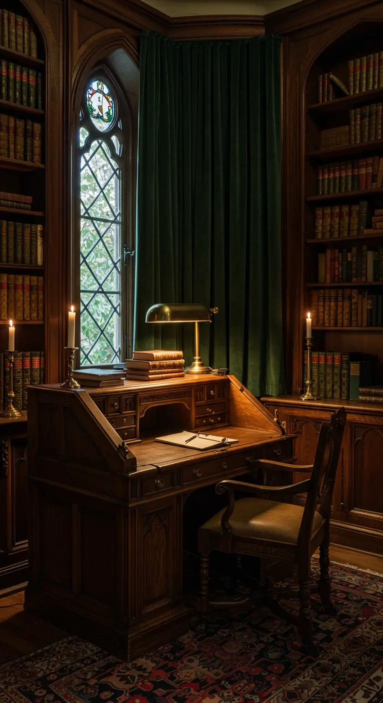 Escritorio de madera oscura en una biblioteca con cortinas verdes y luz de velas.