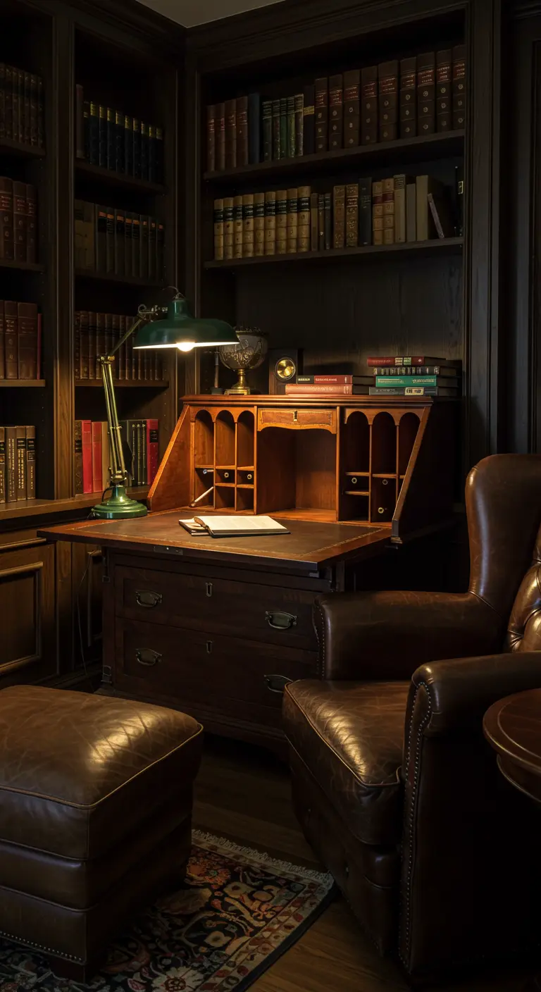 Biblioteca clásica con escritorio de secretario de madera oscura y sillón de cuero.
