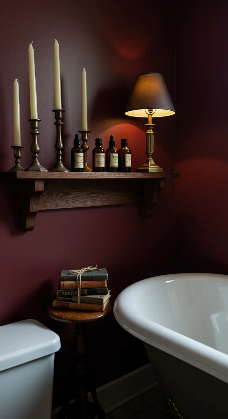 Repisa de madera oscura con velas altas, libros y una lámpara en un baño de color vino.