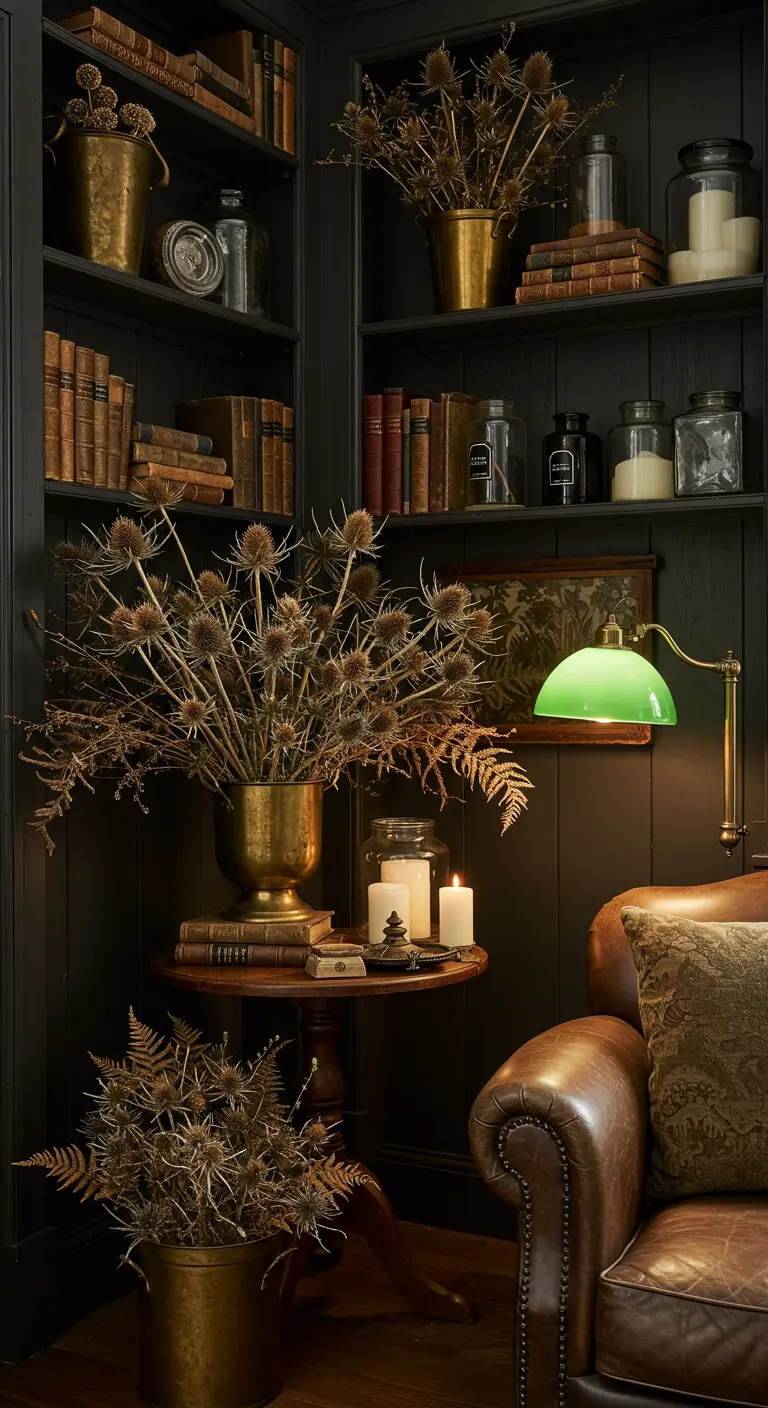 Rincón oscuro con estanterías llenas de libros, flores secas en vasijas de latón y un sillón.