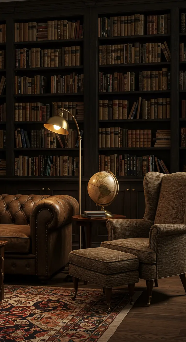 Biblioteca en casa con estanterías oscuras, sofá de cuero y un sillón orejero.