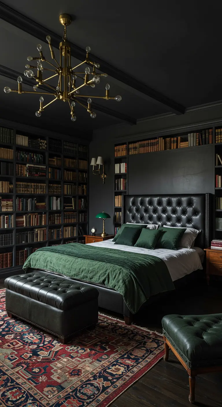 Dormitorio oscuro rodeado de estanterías llenas de libros, con cama de cuero y lámpara de latón