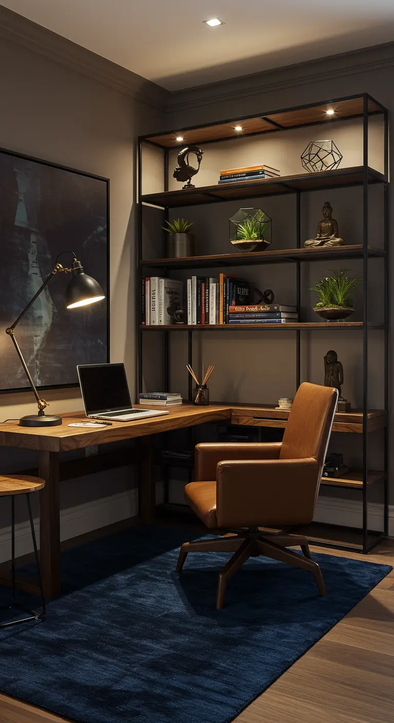 Despacho con una gran estantería de metal y madera, escritorio en L, silla de cuero y buena iluminación.