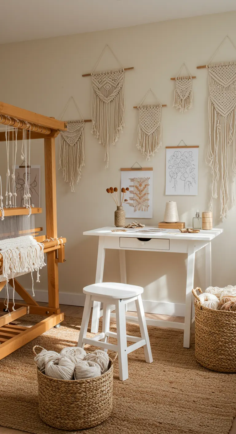 Rincón de trabajo para macramé, con tapices colgados y cestas con hilos