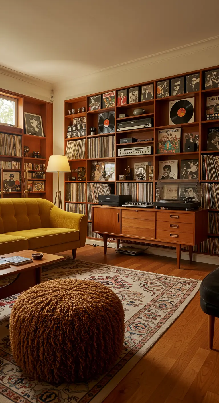 Sala de estar con estanterías llenas de vinilos y un sofá mostaza.